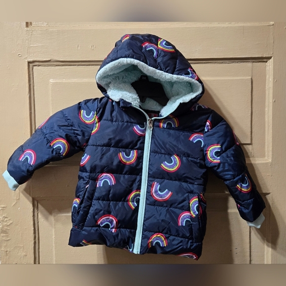 Swiss Tech Toddler Blue Cove Rainbow Hooded Zip Up Puffer Jacket EUC - Picture 1 of 6
